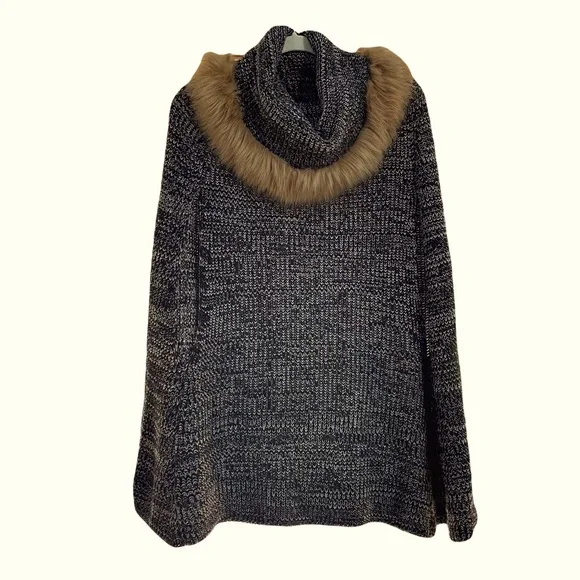 Do Everything in Love Knitted Poncho With Faux Fur Cowl Neck - Picture 1 of 4